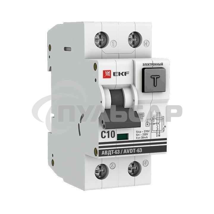 Выключатель автоматический дифференциального тока 63 10А/30мА (хар-ка C, электронный тип A) 6кА EKF PROxima EKF DA63-10-30e