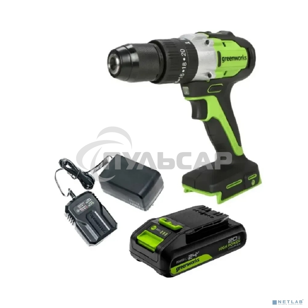 Дрель-шуруповерт GREENWORKS GD24DD60, Аккумуляторная, 24В, без АКБ и ЗУ, Ударная