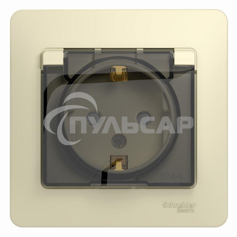 Розетка 1-м СП Glossa 16А с защ. крышкой защ. шторки с заземл. в сборе IP44 беж. SchE GSL000248