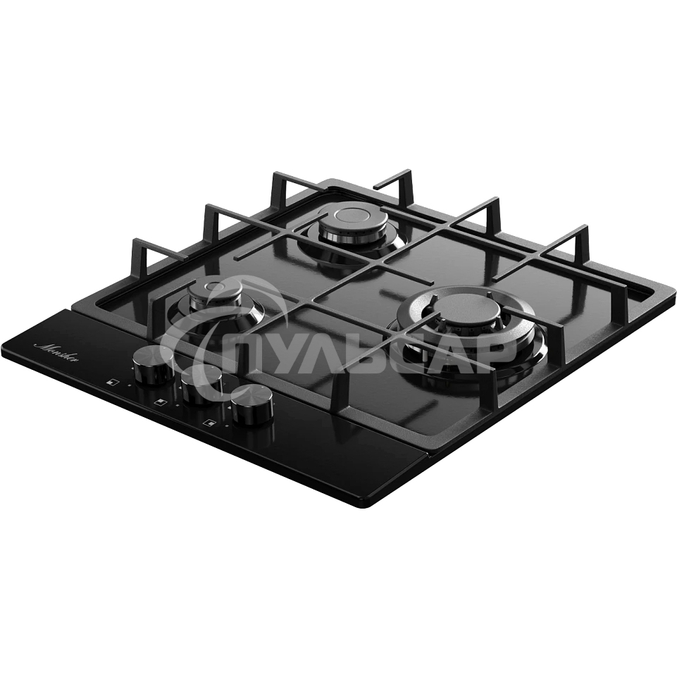 Газовая варочная панель MONSHER, газ, High-Tech, 44 см, автоматический электроподжиг, газ-контроль, форсунки под сжиженый газ, SABAF конфорки, чугунные решетки, черный