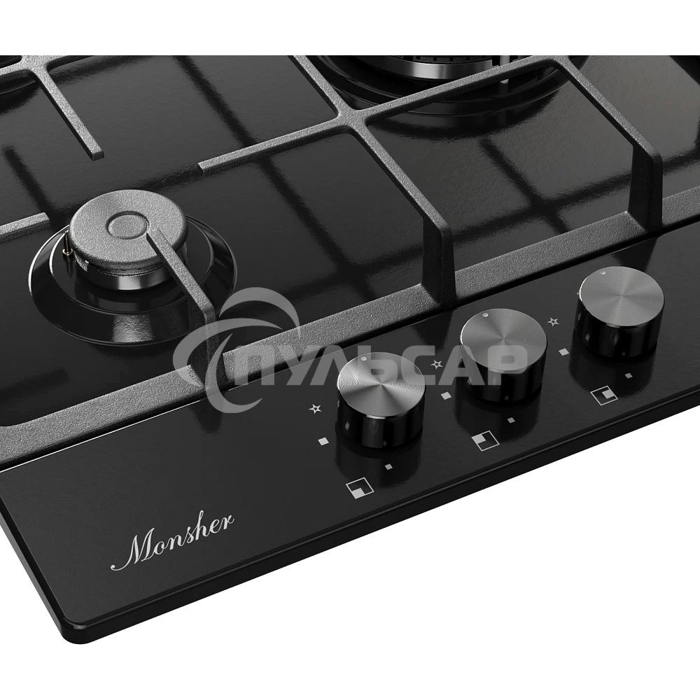 Газовая варочная панель MONSHER, газ, High-Tech, 44 см, автоматический электроподжиг, газ-контроль, форсунки под сжиженый газ, SABAF конфорки, чугунные решетки, черный