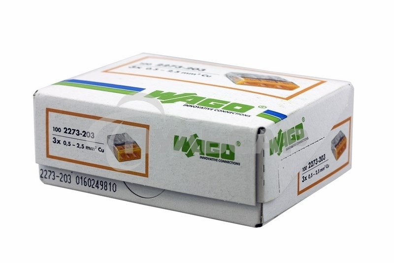 Клемма 3х(0.5-2.5мм) 3-х проводн. для распред. короб. (без п) WAGO 2273-203