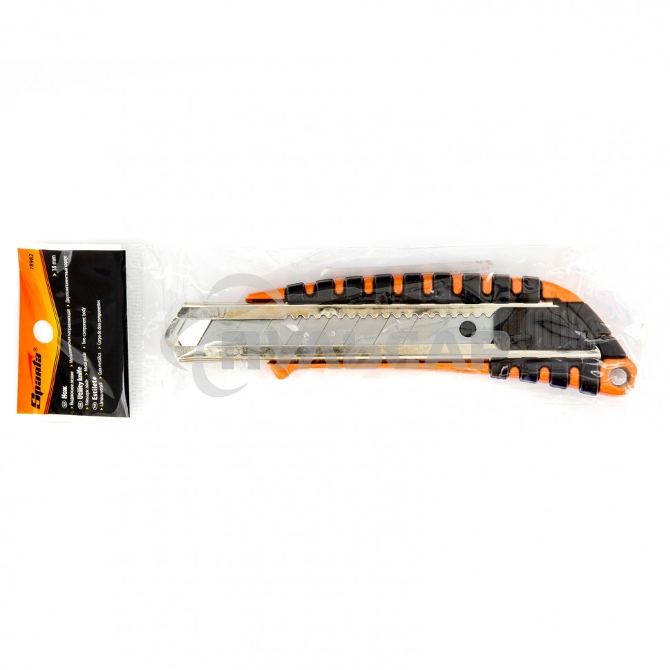 Нож, 18 мм выдвижное лезвие металлическая направляющая, метал. двухкомпонентный корпус Sparta