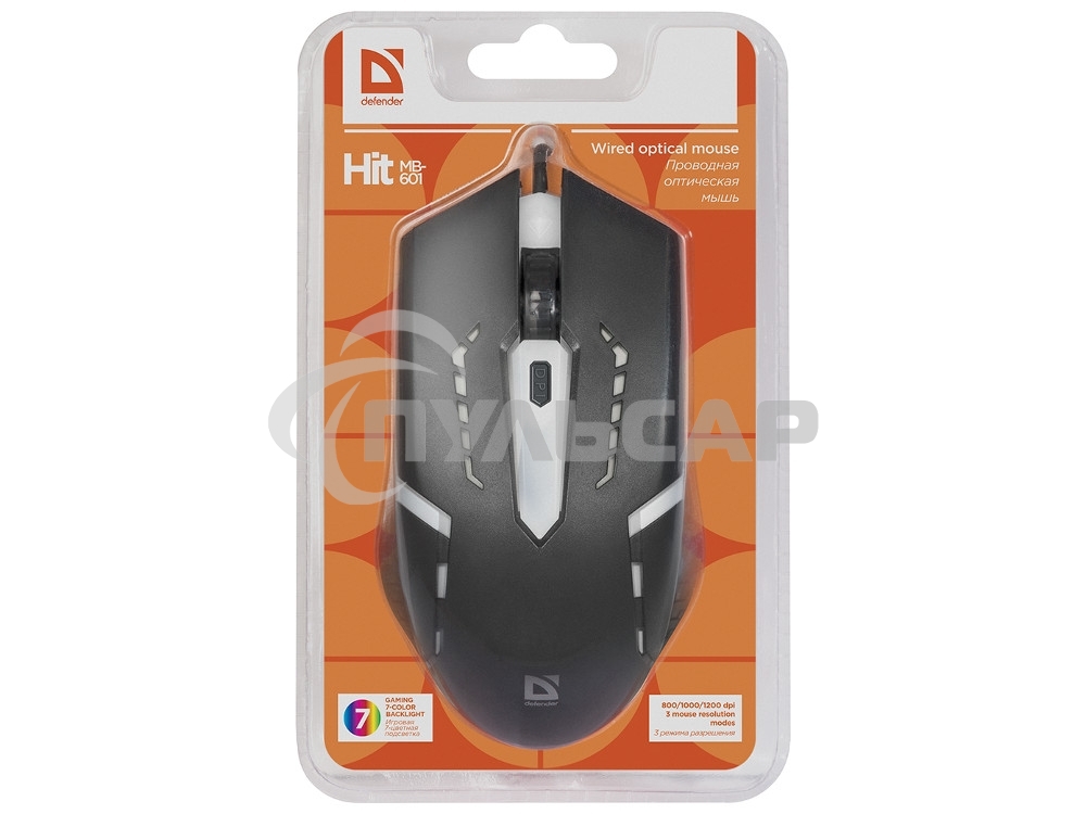 Мышь проводная Defender Hit MB-601 черный, 1200 dpi, USB, кнопки - 4