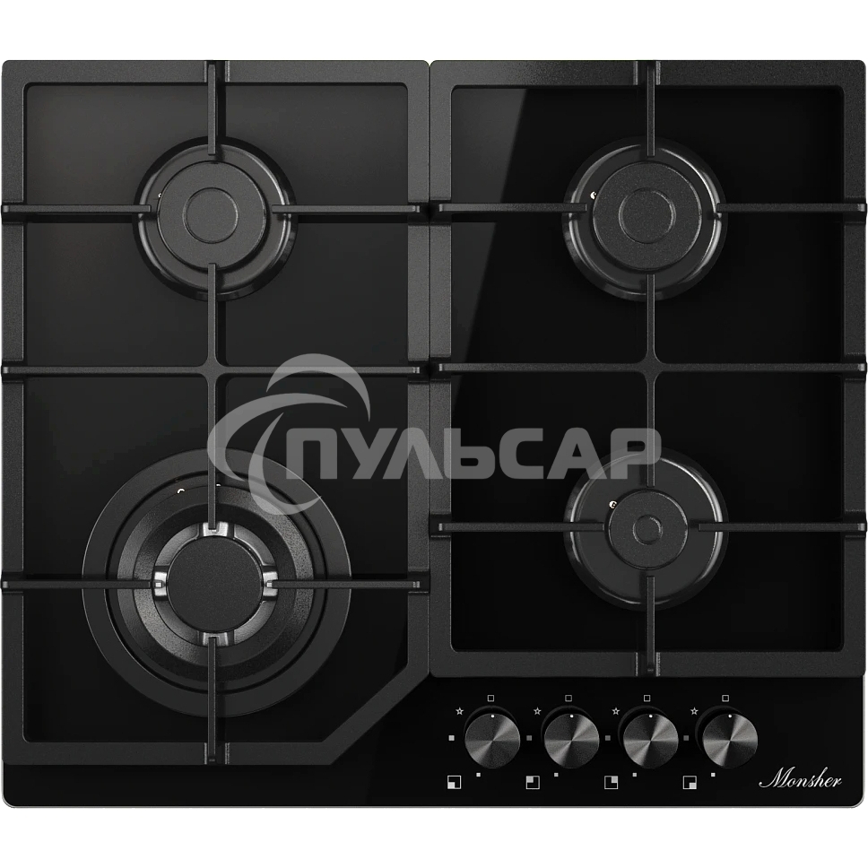 Варочная поверхность MONSHER/ Варочная поверхность MONSHER, газ, High-Tech, 59 см, автоматический электроподжиг, газ-контроль, форсунки под сжиженый газ, SABAF конфорки, чугунные решетки, черный