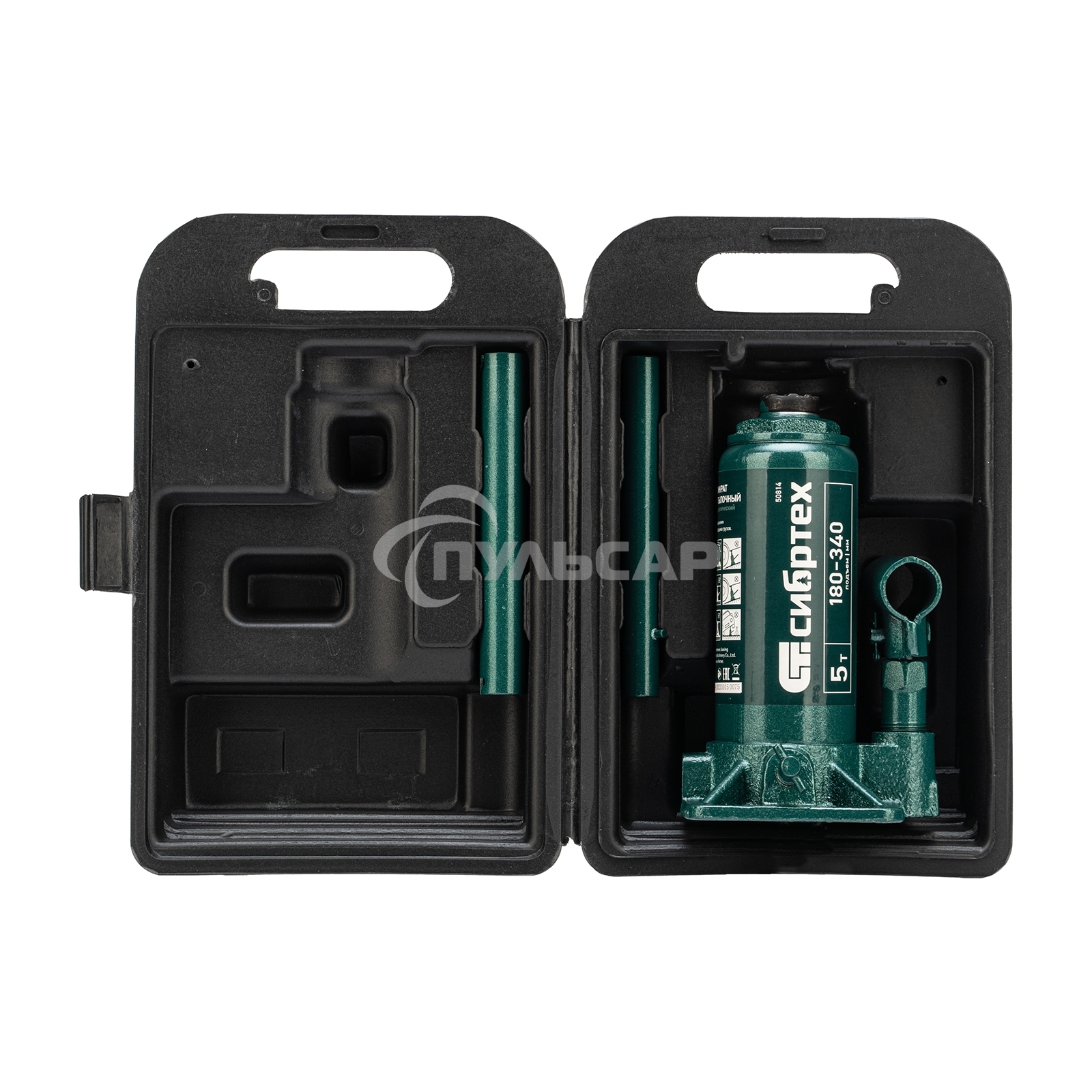 Домкрат гидравлический Сибртех бутылочный, 5т, 180-340мм, в пласт. кейсе