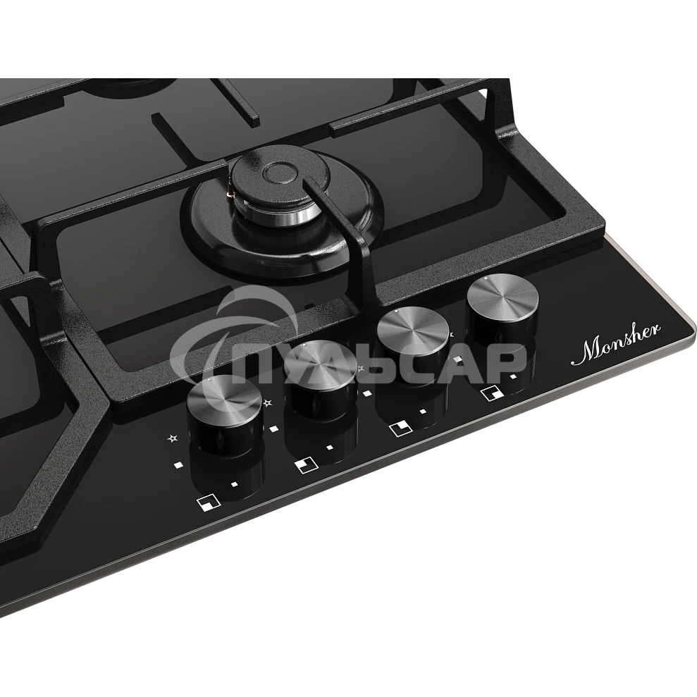 Варочная поверхность MONSHER/ Варочная поверхность MONSHER, газ, High-Tech, 59 см, автоматический электроподжиг, газ-контроль, форсунки под сжиженый газ, SABAF конфорки, чугунные решетки, черный