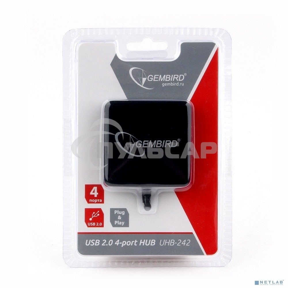 Концентратор USB 2.0 Gembird UHB-242, 4 порта, блистер, черный