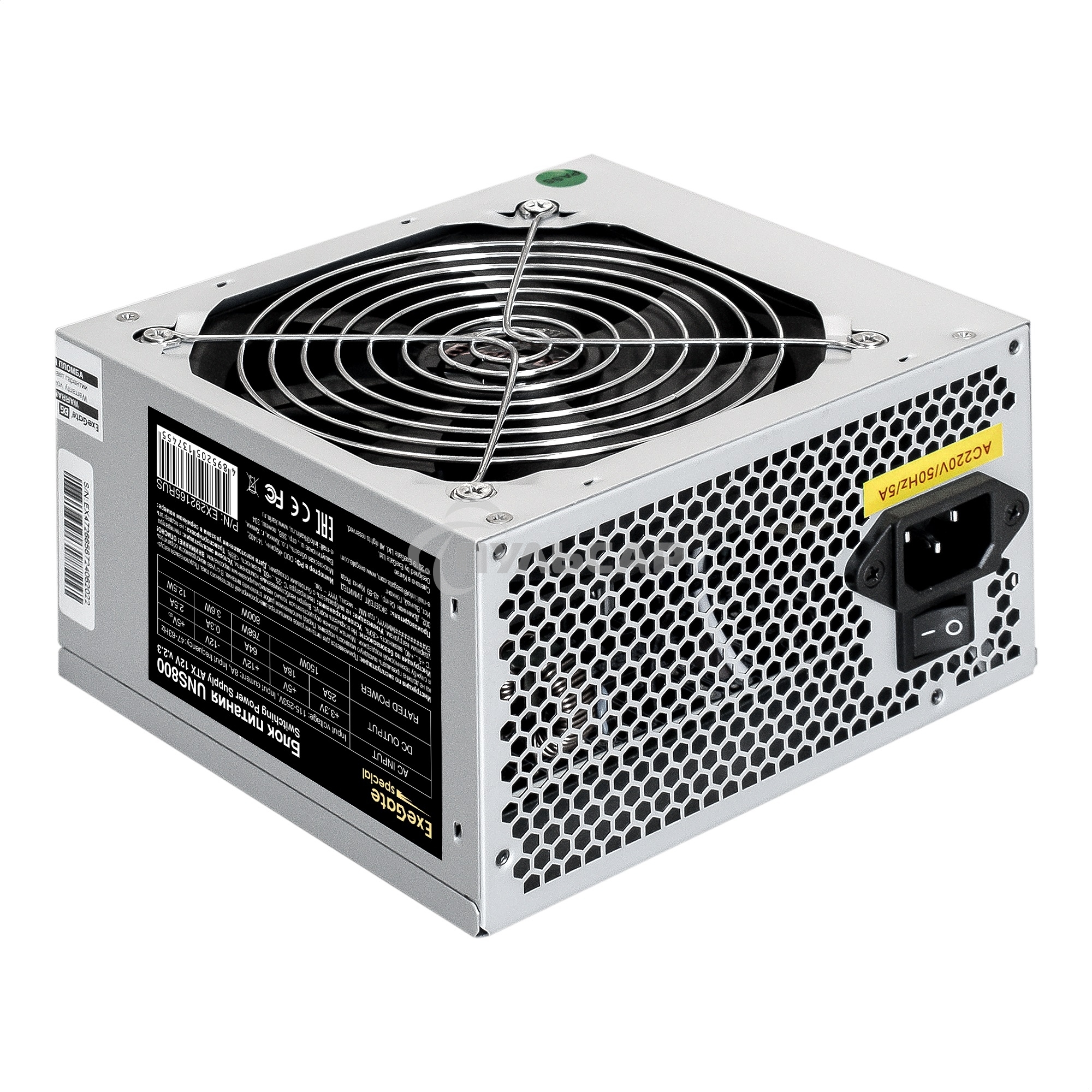 Блок питания ExeGate UNS800, 800W, (ATX, SC, 12cm fan, 24pin, 2x(4+4)pin, 2xPCI-E, 5xSATA, 3xIDE, кабель 220V 1,8м с защитой от выдергивания)