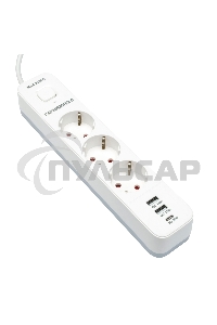 Сетевой фильтр Гарнизон EPS-3-CU2-W-2 2.0 Мультипорт 3р, 10А, 1xType-C PD, 2 х USB QC, 2м, ур.защиты 2+, белый, пак (21448)