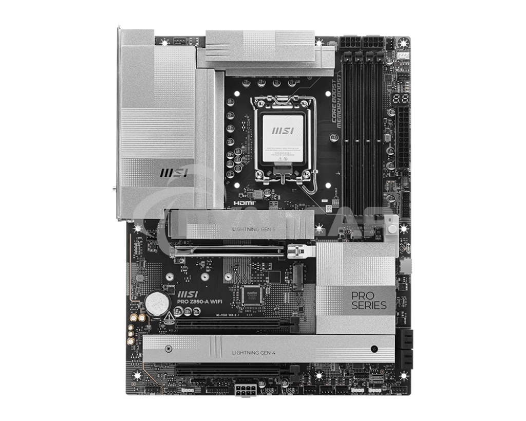 Материнская плата MSI PRO Z890-A WIFI, LGA 1851, Intel Z890, 4xDDR5, 4xSATA, 4xM.2, 1xPCIe 5.0 x16, 2xPCIe 4.0 x4, 1xHDMI, 2xUSB-C Thunderbolt 4, 1xUSB-C 3.2 Gen 2, 3xUSB-A 3.2 Gen 2, 4xUSB-A 3.2 Gen 1, 1x 5Gb LAN, 2x3.5 мм, 7.1, ATX