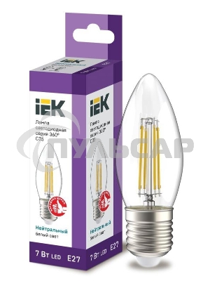Лампа светодиодная филаментная 360° 7Вт C35 свеча 4000К E27 230В прозр. IEK LLF-C35-7-230-40-E27-CL