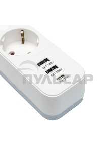 Сетевой фильтр Гарнизон EPS-3-CU2-W-2 2.0 Мультипорт 3р, 10А, 1xType-C PD, 2 х USB QC, 2м, ур.защиты 2+, белый, пак (21448)