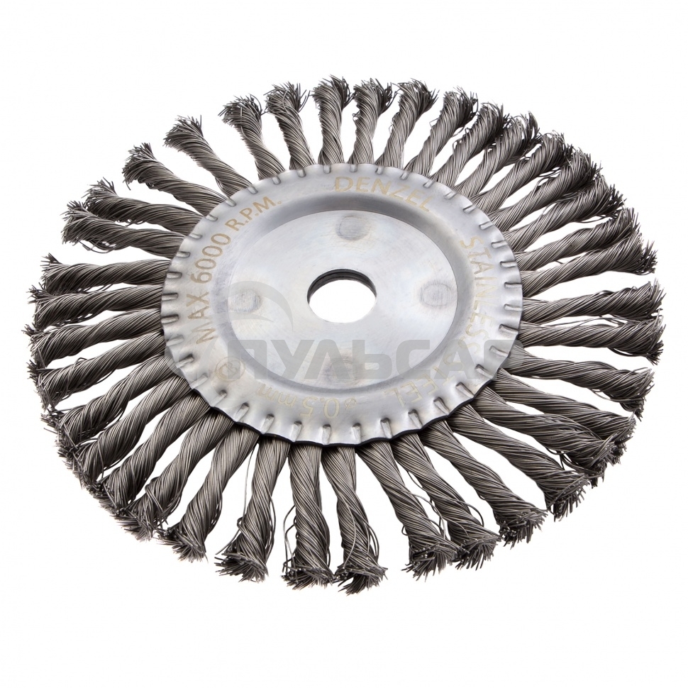 Щетка для УШМ, 200 мм, Плоская, крученая нержавеющая проволока 0,5 мм, посадка 22,2 мм Denzel