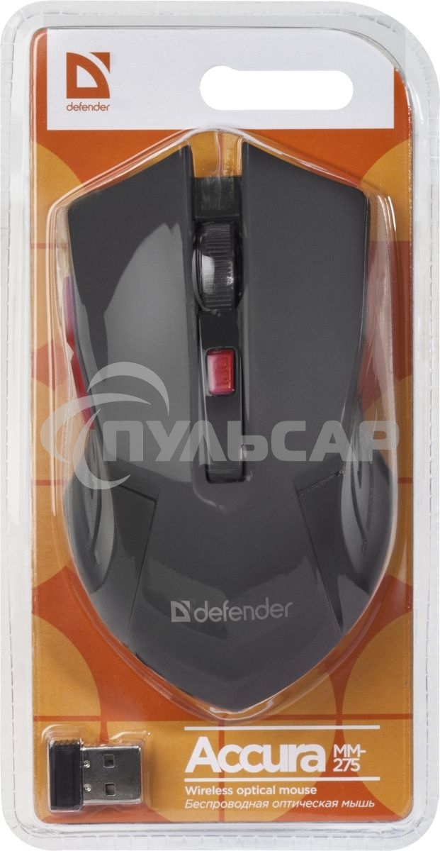 Мышь беспроводная Defender Accura MM-275 красный, 1600 dpi, радиоканал, USB, кнопки - 6