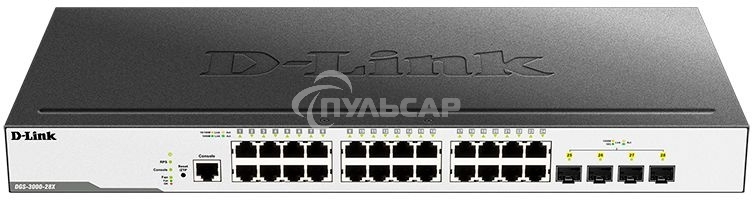 Коммутатор D-Link DGS-3000-28X/B, L2 Managed Switch with 24 10/100/1000Base-T ports and 4 10Gbase-X SFP+ ports.16K Mac address, 802.3x Flow Control, 4K of 802.1Q VLAN, VLAN Trunking, 802.1p Priority Queues, Tra