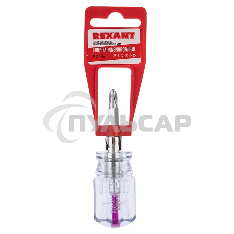 Отверткакомбинированная, прозрачная рукоятка,двухсторонний стержень 40 мм (крестовая PH 2, шлицевая SL 6 мм) Rexant