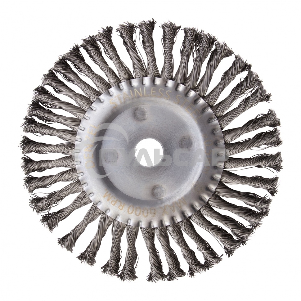 Щетка для УШМ, 200 мм, Плоская, крученая нержавеющая проволока 0,5 мм, посадка 22,2 мм Denzel