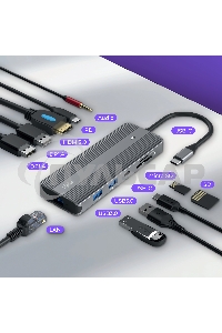 Док-станция HIPER Docking station USB-C HUB 11in1 (1*USB-C 100W PD, 1*HDMI 4K@60Hz, 2*DP 4K@60Hz, 2*USB-A 3.0 (5Gbps data), 1*USB-C 3.0 (5Gbps data), 1*microSD, 1*SD, 1*3.5мм audio, 1*RJ45 Gb)
