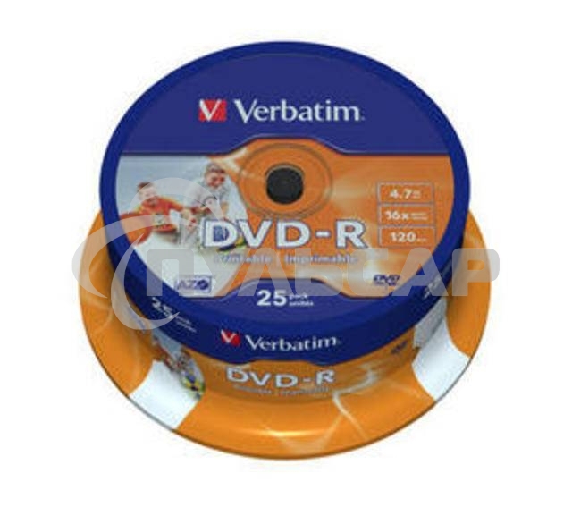 Диск DVD-R Verbatim 4.7Gb 16x Cake Box (25шт) Printable (43538)