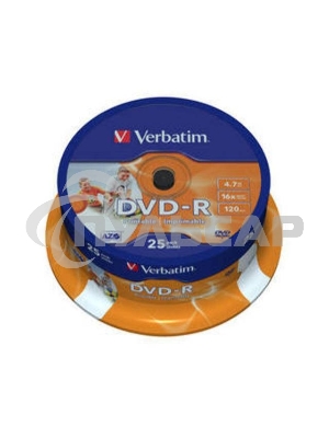 Диск DVD-R Verbatim 4.7Gb 16x Cake Box (25шт) Printable (43538)