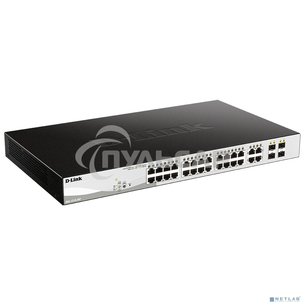 Коммутатор D-Link DGS-1210-28P/FL1A, L2 Managed Switch with 24 10/100/1000Base-T ports and 4 100/1000Base-T/SFP combo-ports (24 PoE ports 802.3af/802.3at (30 W), PoE Budget 193 W).8K Mac address, 802.3x Flow Co