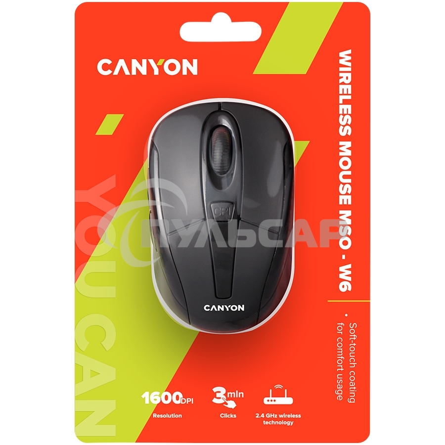 Мышь беспроводная Canyon MSO-W6 черный, 1600 dpi, радиоканал, USB, кнопки - 6
