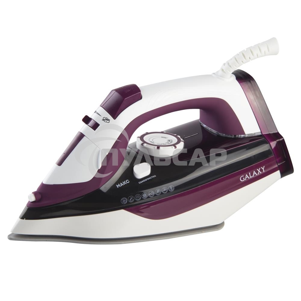 Утюг Galaxy Line GL 6108, бордовый с белым, паровой, 2400 Вт, постоянный пар 50 г/мин, паровой удар 230 г/мин, функции: автоотключение, самоочистка, антикапля, антинакипь, вертикальное отпаривание, индикатор автоотключения, индикатор нагрева, функция увла