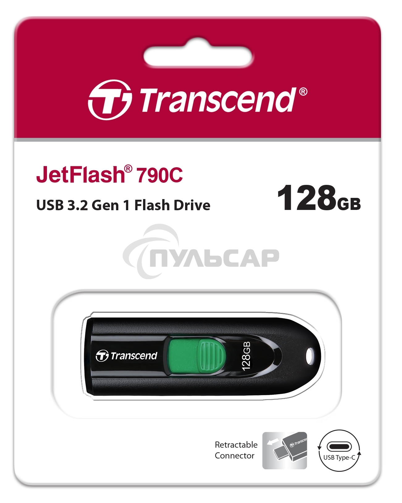 Флешка USB Transcend USB 128 Gb JETFLASH 790C USB 3.2, Type-C, черный