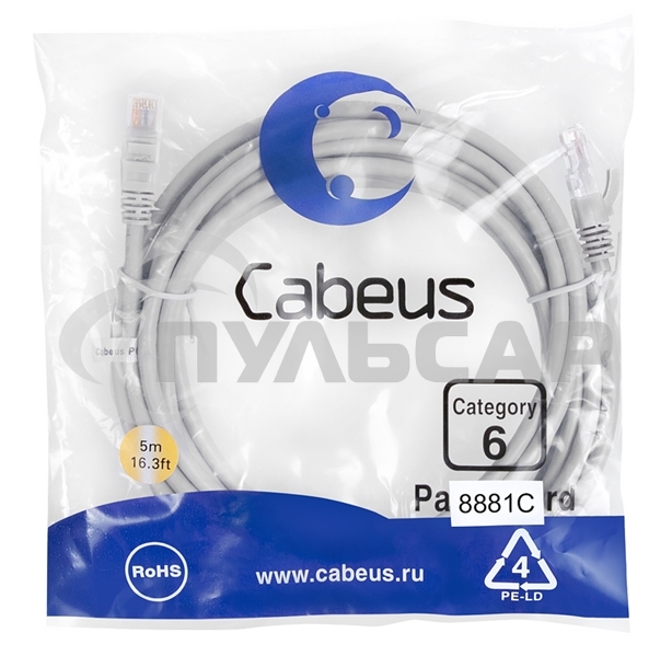 Шнур комм. Cabeus, кат. 6, неэкр., U/UTP, RJ45/RJ45, LSZH, AWG24, 5м, серый