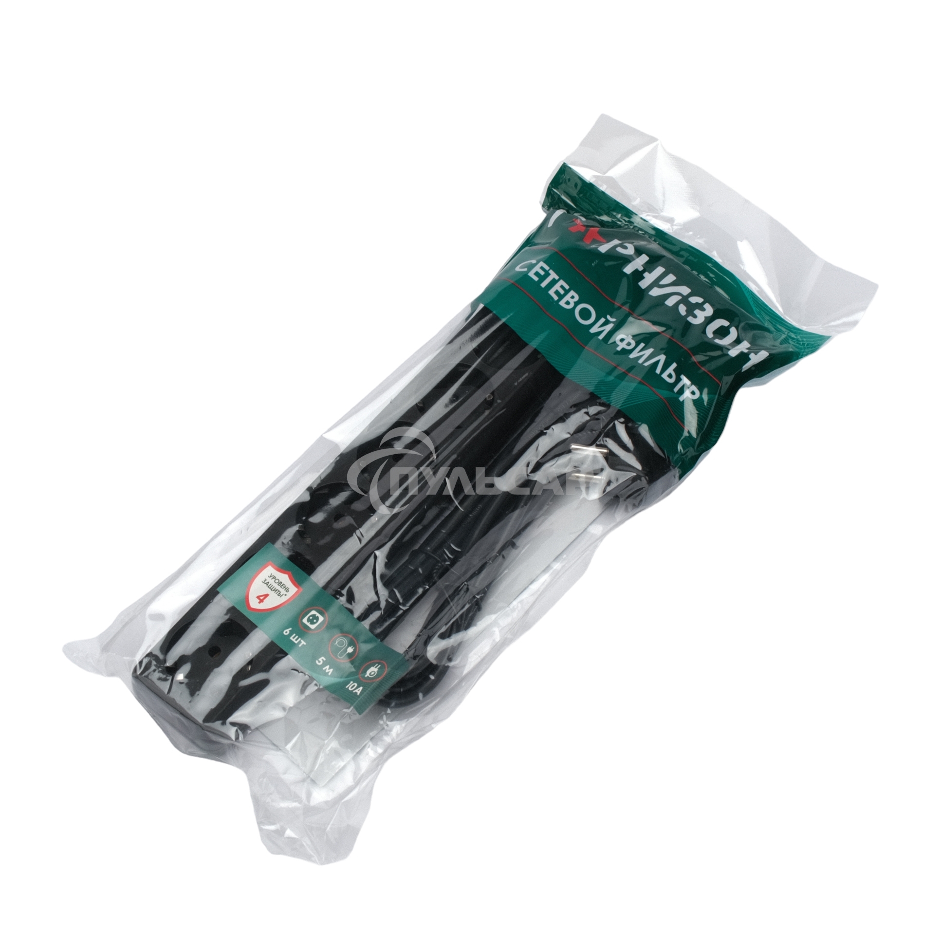 Сетевой фильтр Гарнизон 6р, 10А, 5м, ур.защиты 4, черный, пакет