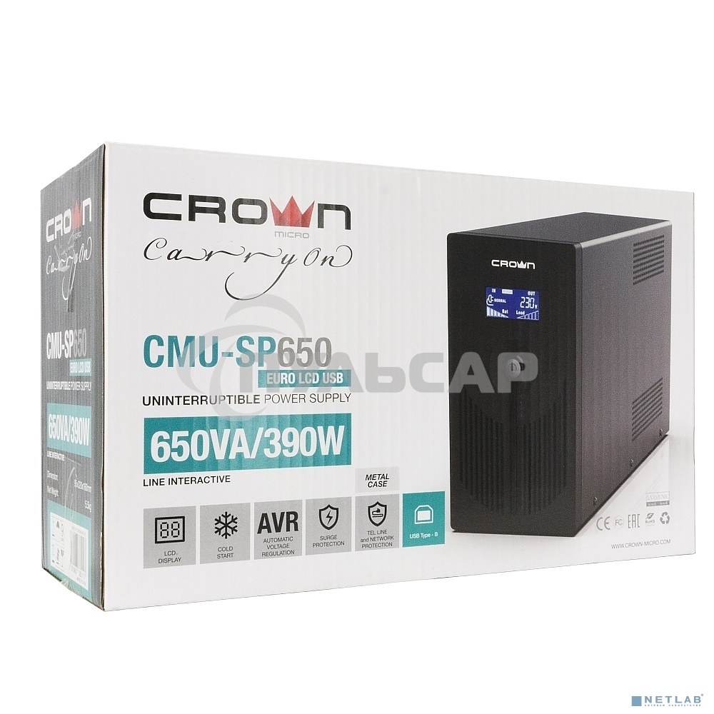 Источник бесперебойного питания CROWN Line Intractive CMU-SP650EURO LCD USB 650VA\390W, корпус металл, 1x12V/7AH, розетки 2*EURO+3*IEC, трансформатор AVR 140-290V, LCD-дисплей, съемный кабель 1.2 м, порт RJ11/45, порт USB, защита: от перегрузки, от КЗ, от