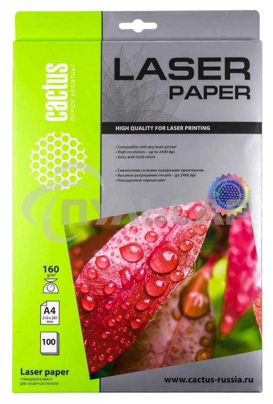 Фотобумага Cactus CS-LPA4160100 A4/160г/м2/100л./белый глянцевое для лазерной печати