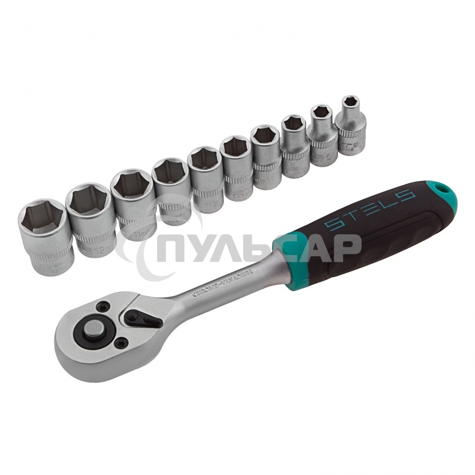 Набор головок STELS 14125 набор торцевых головок 1/4'' головки 4 - 13мм с трещот. ключом crv 11пр.