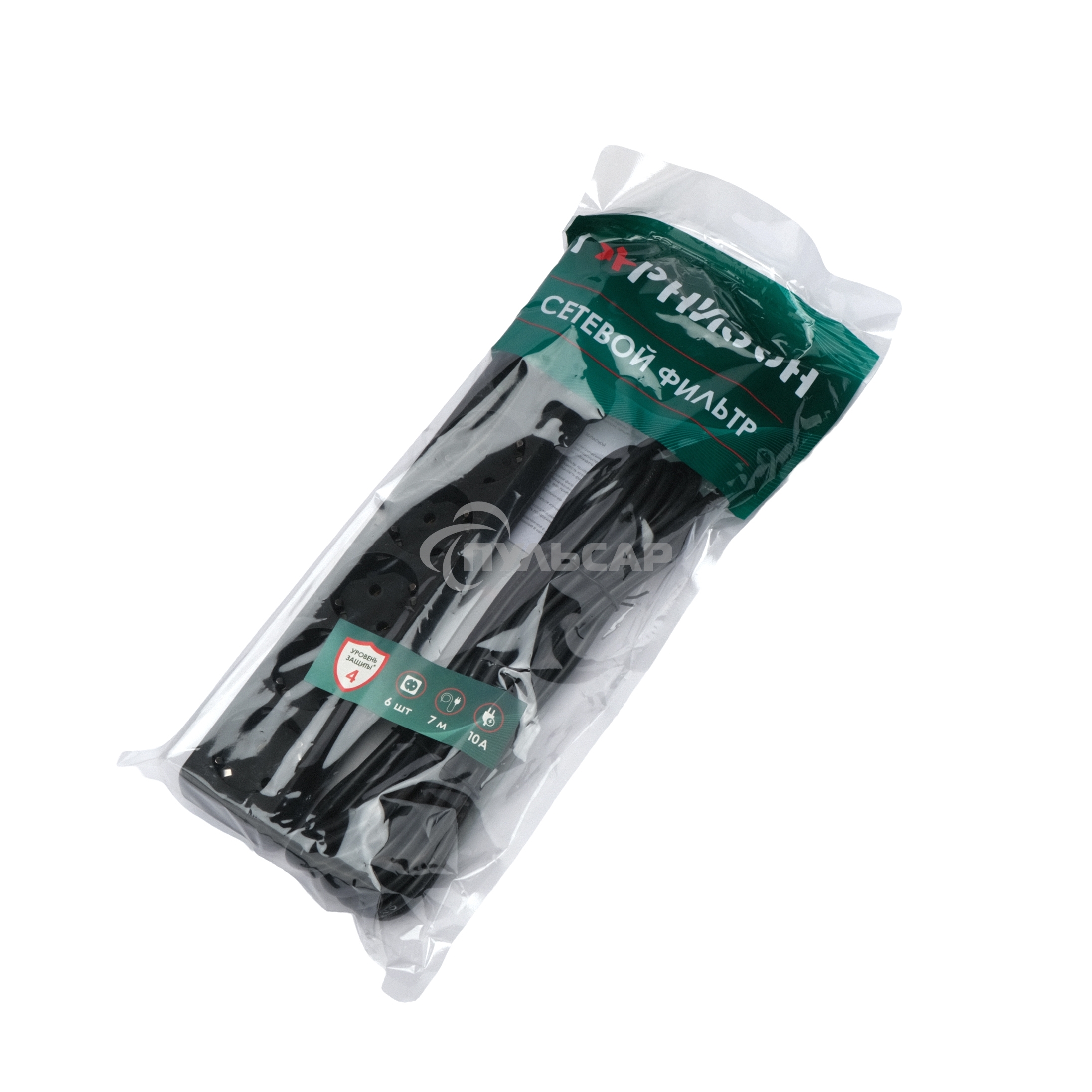 Сетевой фильтр Гарнизон 6р, 10А, 7м, ур.защиты 4, черный, пакет