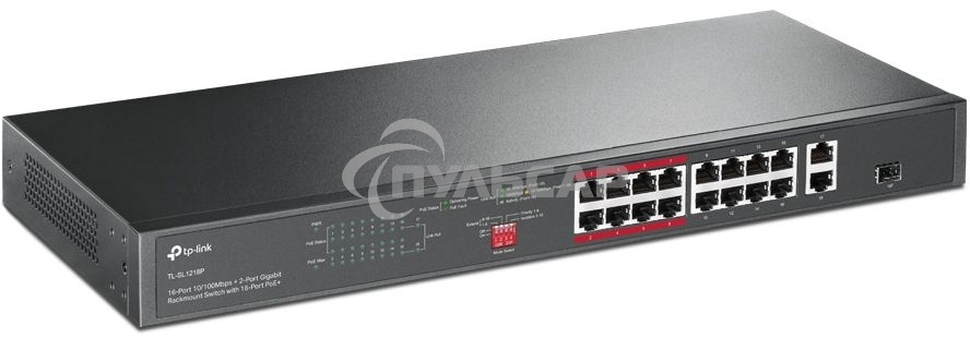 Коммутатор TP-Link 16-port 10/100Mbps + 2-port Gigabit unmanaged switch with 16 PoE+ ports, compliant with 802.3af/at PoE, 150W PoE budget,  support 250m Extend Mode, priority mode and Isolation mode, rackmount, plug and play.