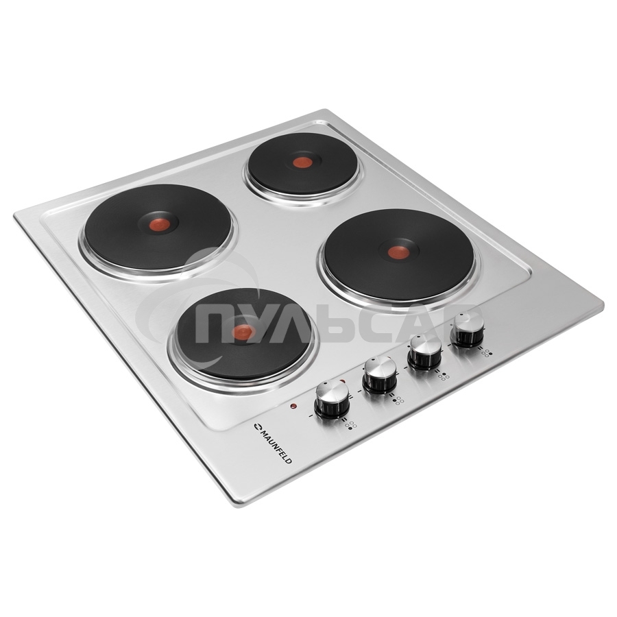 Электрическая варочная панель Maunfeld EEHS.64.4S/ • Тип: электрическая 60см• Тип установки: независимая • Управление: боковое, переключатели поворотные • Нагревательный элемент: конфорка электрическая, 4шт • Мощность конфорок, Вт.: 1500,1500, 1500, 1500 