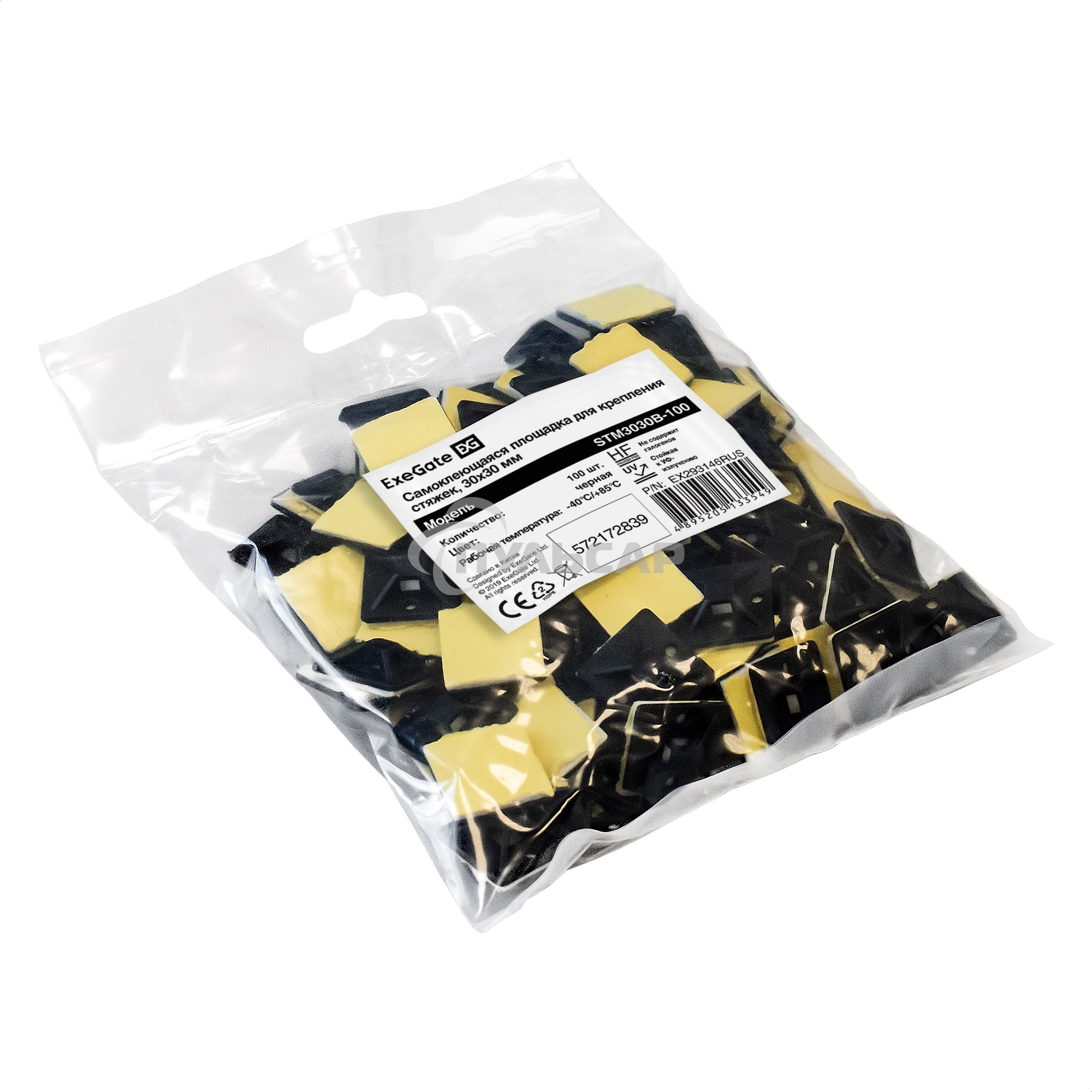 Самоклеющаяся площадка для крепления стяжек ExeGate EX293146RUS STM3030B-100 (30х30 мм, halogen free, -40°C - +85°C, черная, 100 шт)