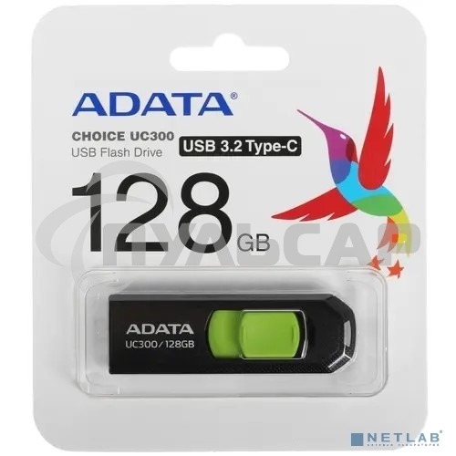 Флешка USB ADATA UC300 (ACHO-UC300-128G-RBK/GN), 128 Gb, Type-C USB 3.2, R/W 100/30, черный/зеленый