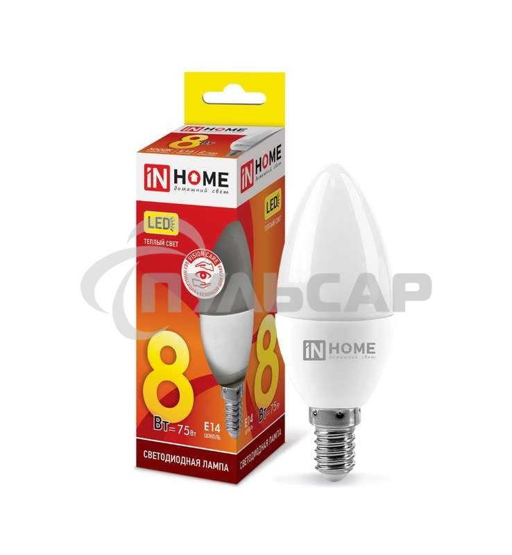Лампа светодиодная LED-СВЕЧА-VC 8Вт 230В E14 3000К 720лм IN HOME 4690612020426