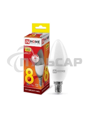 Лампа светодиодная LED-СВЕЧА-VC 8Вт 230В E14 3000К 720лм IN HOME 4690612020426