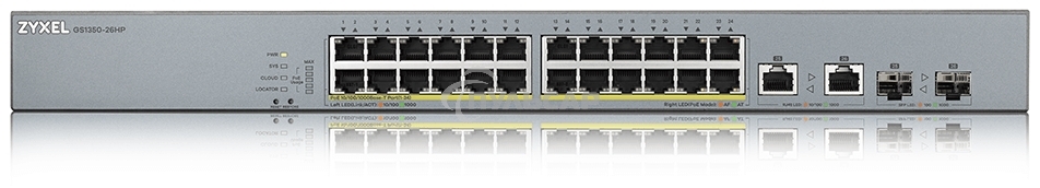 Коммутатор Zyxel GS1350-26HP, 24xGE PoE+, 2xCombo (SFP/RJ-45), бюджет PoE 375 Вт, дальность передачи питания до 250 м, автоперезагрузка PoE-портов, повышенная защита от перенапряжений и электростатических разряд