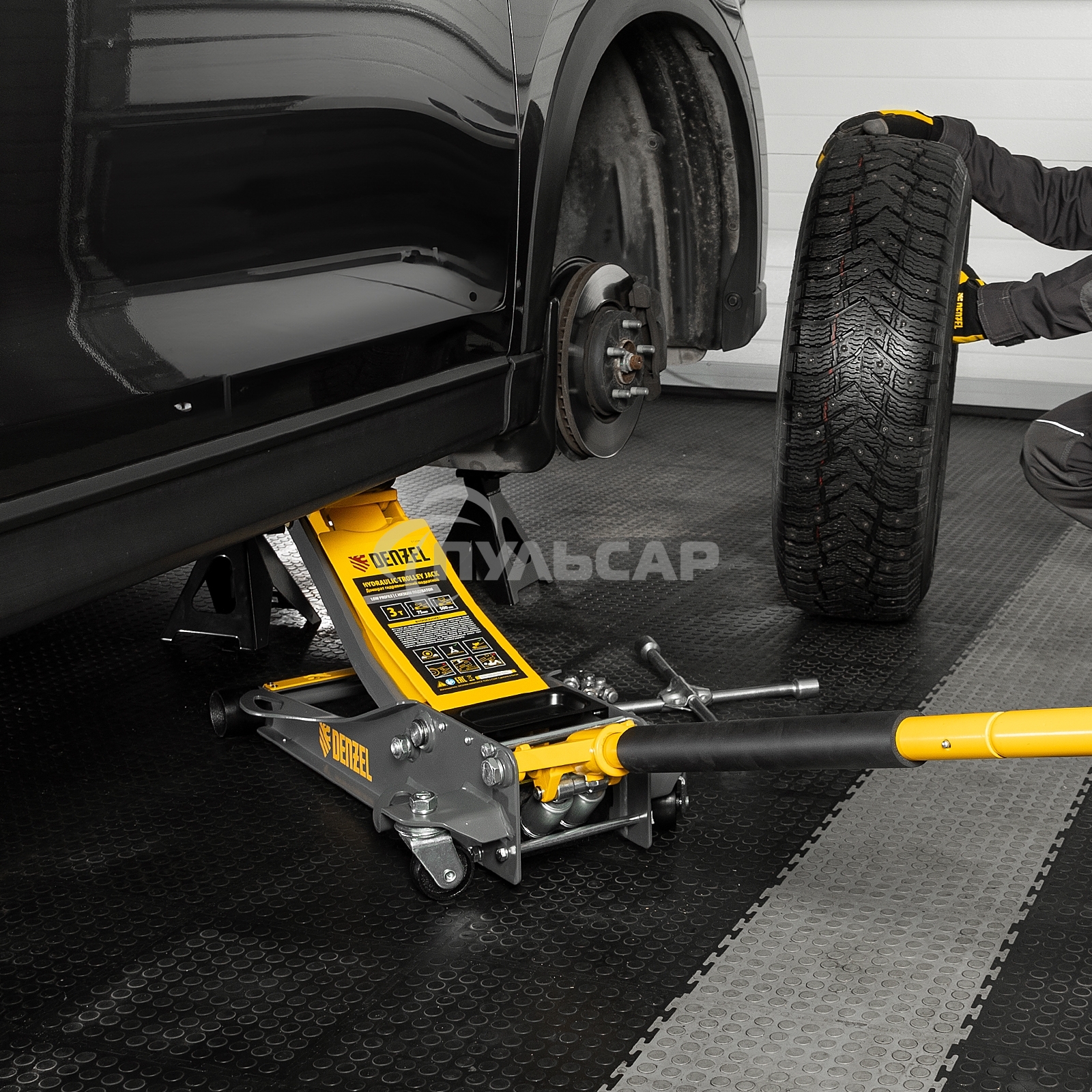 Домкрат гидравлический подкатной Denzel 3 т, 75-500 мм, быстрый подъем, низкий подхват, проф. 51250