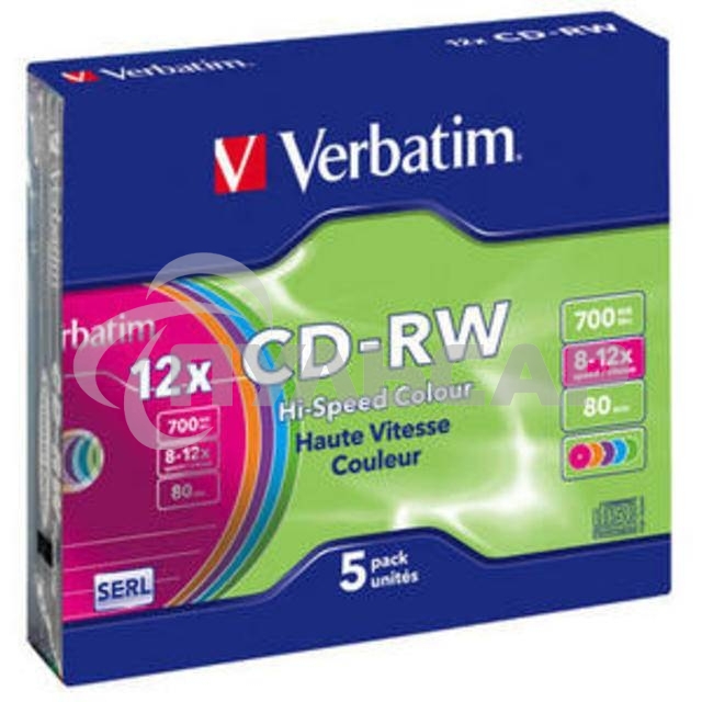 Диск CD-RW Verbatim 700Mb 12x Slim case (5шт) Color (43167)