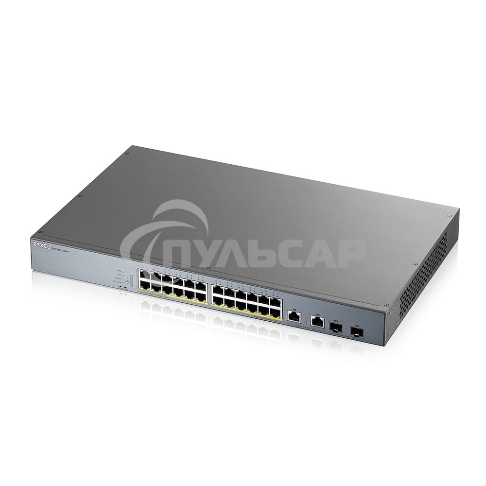 Коммутатор Zyxel GS1350-26HP, 24xGE PoE+, 2xCombo (SFP/RJ-45), бюджет PoE 375 Вт, дальность передачи питания до 250 м, автоперезагрузка PoE-портов, повышенная защита от перенапряжений и электростатических разряд