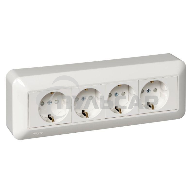 Розетка 4-м ОП Прима 16А 250В с заземл. защ. шторка белый  (опт. упак) SchE RA16-411M-B