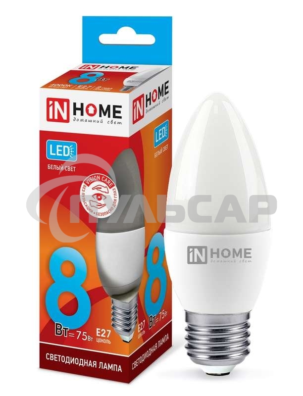 Лампа светодиодная LED-СВЕЧА-VC 8Вт 230В E27 4000К 720лм IN HOME 4690612020457
