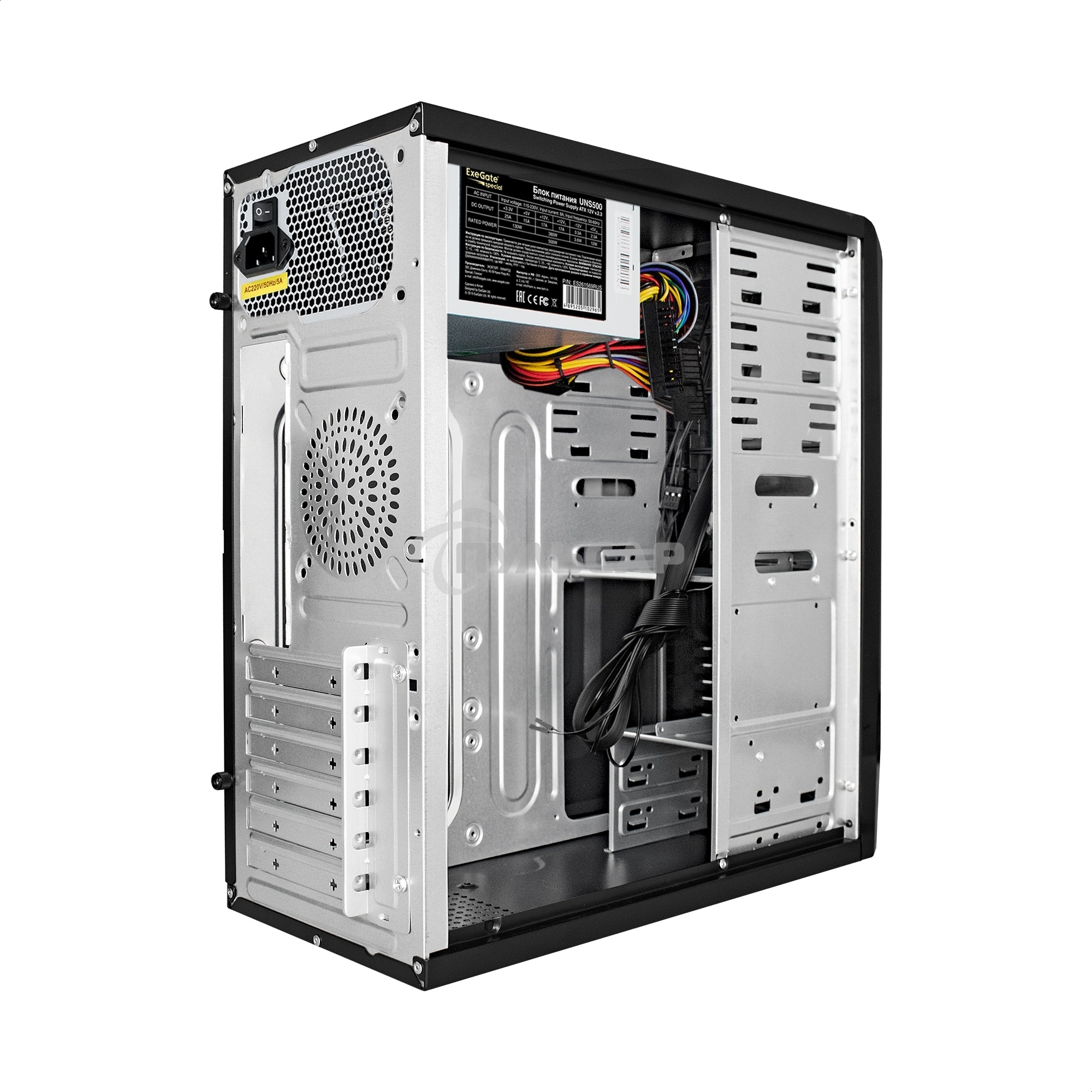 Компьютерный корпус Miditower ExeGate CP-601-UNS500 (ATX, БП UNS500 с вент. 12см, 2*USB, аудио, черный)