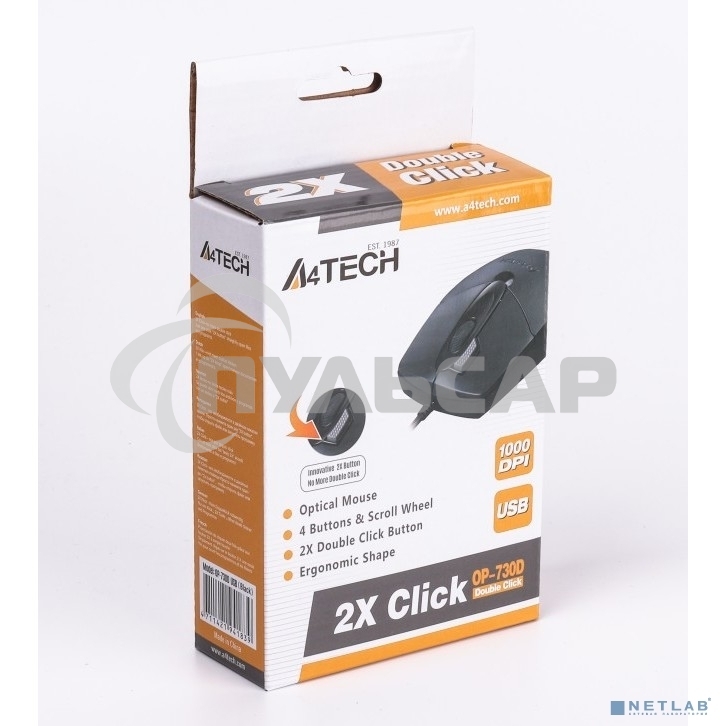 Мышь проводная A4Tech OP-730D черный, 1200 dpi, USB, кнопки - 4