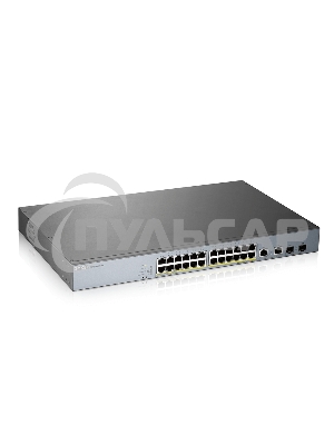 Коммутатор Zyxel GS1350-26HP, 24xGE PoE+, 2xCombo (SFP/RJ-45), бюджет PoE 375 Вт, дальность передачи питания до 250 м, автоперезагрузка PoE-портов, повышенная защита от перенапряжений и электростатических разряд